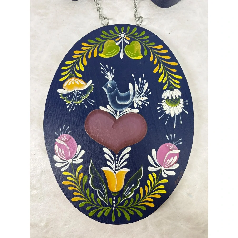 Vintage 1988 Hand Painted Rosemaling Wood Welcome Sign Folk Art Bird Heart Navy